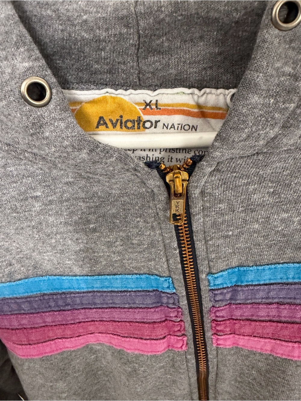 Aviator Nation Gray Hoodie with Blue, Purple & Pink Stripe Accents